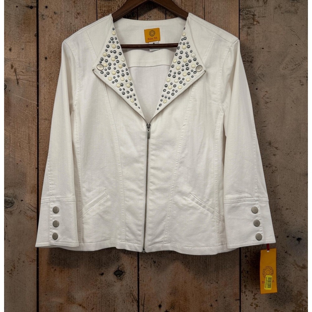 NWT Ruby Rd Womens White Studded Zip Front Jacket Size 16 Cotton Stretch Moto